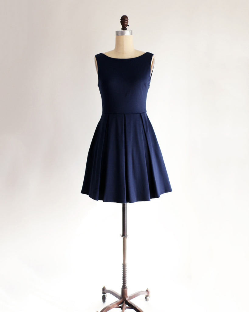 JANUARY | Navy Blue Short Ponte Fit + Flare Dress with Back Bow