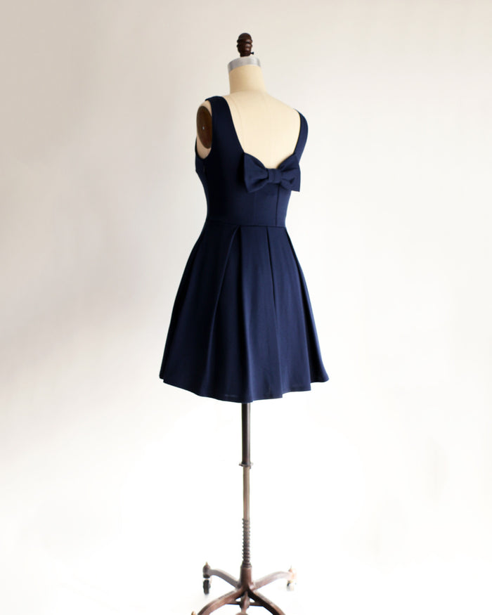 JANUARY | Navy Blue Short Ponte Fit + Flare Dress with Back Bow