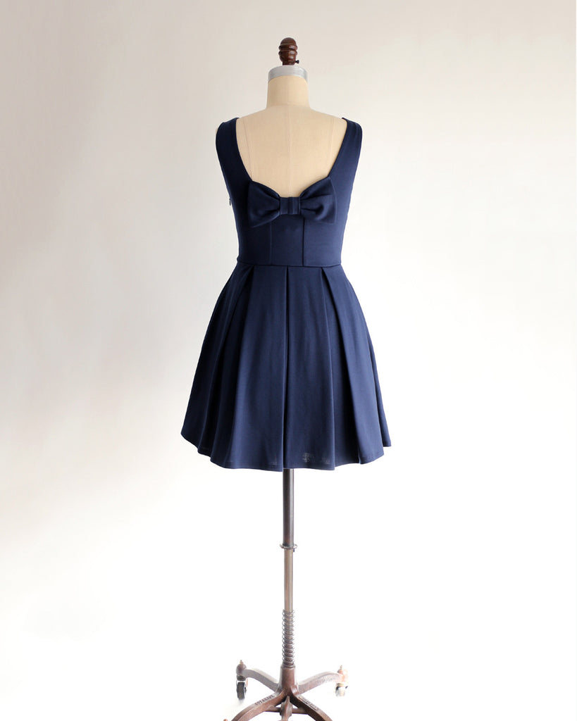 JANUARY | Navy Blue Short Ponte Fit + Flare Dress with Back Bow