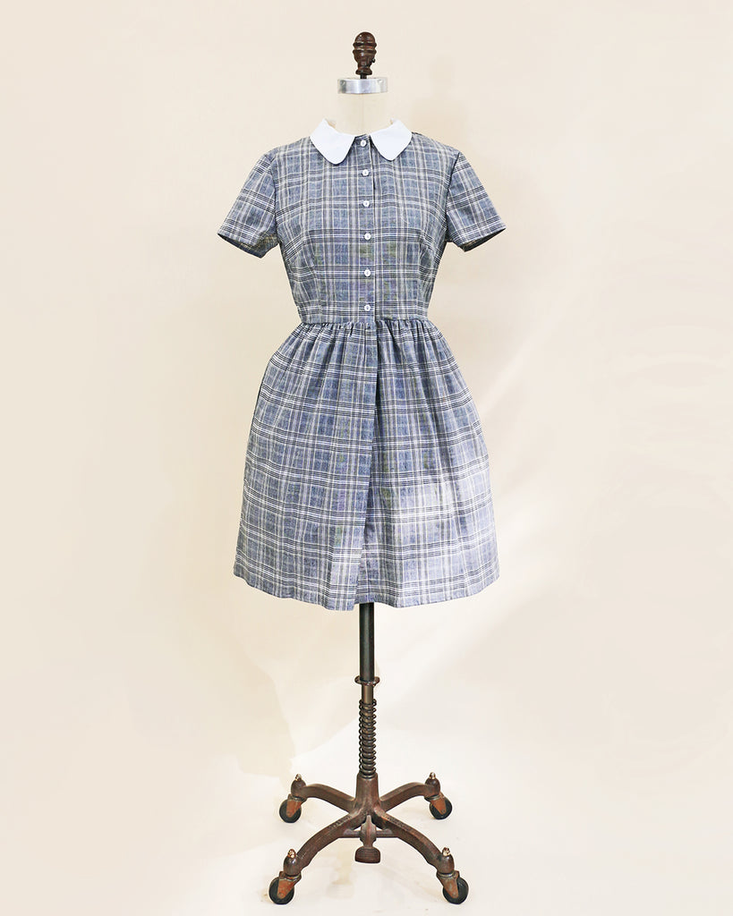 ACADEMY - Gray plaid cotton shirtdress with removable white collar and short sleeves