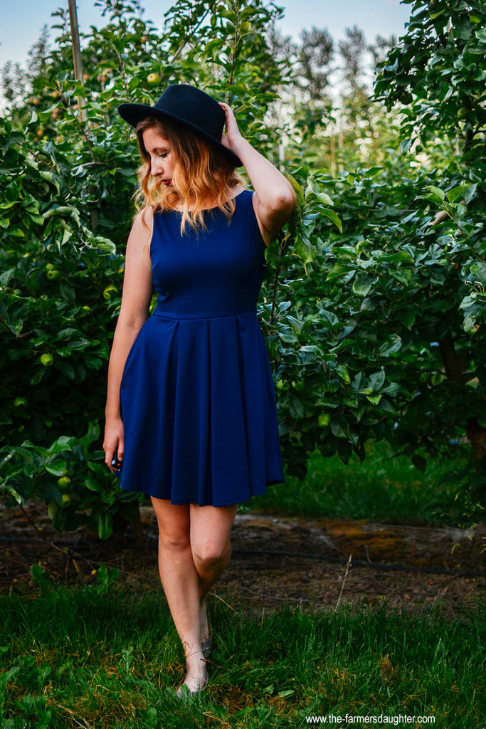 Apricity | JANUARY Dress | Navy Blue Short Ponte Fit + Flare Dress with Back Bow Apricity | JANUARY Dress | Navy Blue Short Ponte Fit + Flare Dress with Back Bow