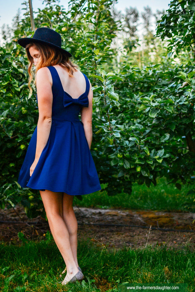 Apricity | JANUARY Dress | Navy Blue Short Ponte Fit + Flare Dress with Back Bow Apricity | JANUARY Dress | Navy Blue Short Ponte Fit + Flare Dress with Back Bow